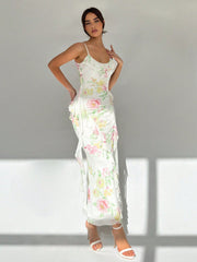 Romantic Holiday Floral Bodycon Dress: Women's Spaghetti Strap Mesh Panel
