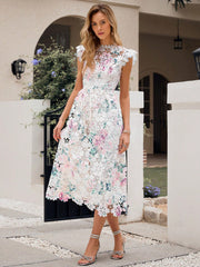 Floral Elegance: Stand Collar Lace Cap Sleeve Long Dress