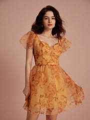 Random Flower Printed Sweetheart Neckline Elegant Women's Sleeveless Summer Dress