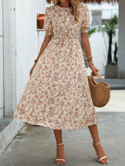 Random Flowers Print Round Neck Short Sleeve Dress - Fun and Flirty Style for Women