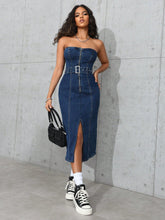 Chic and Sassy: Petite Denim Strapless Dress with Zipper Detail