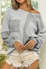 Colorblock Puff Sleeve Pocketed Top