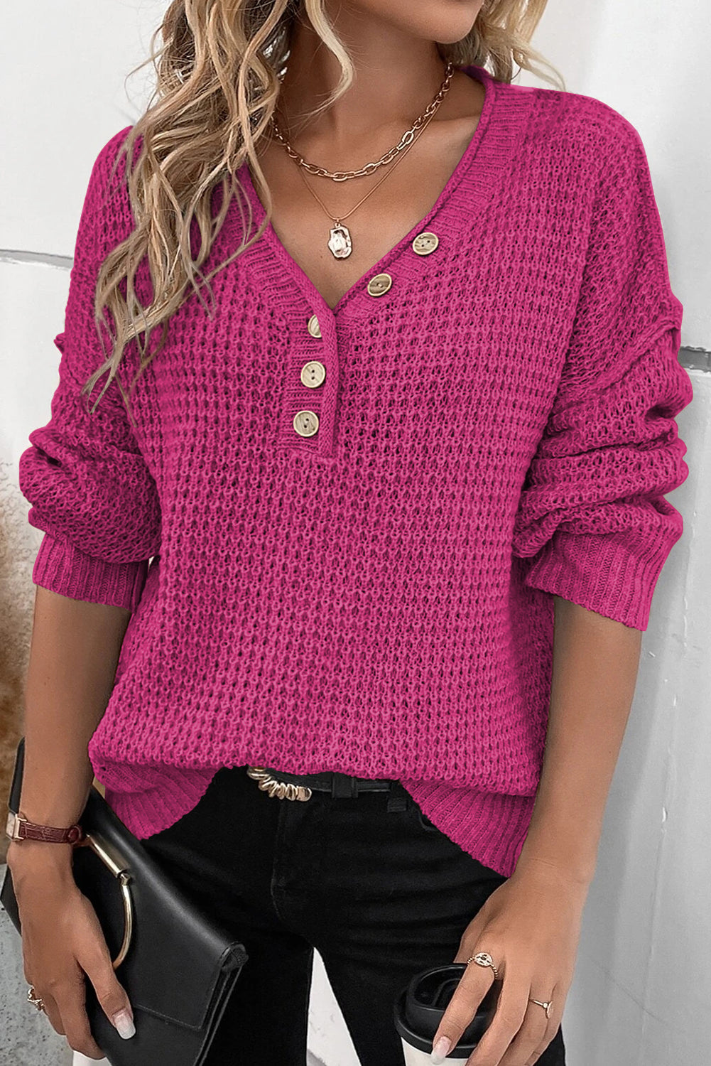 Chunky Waffle Buttoned V-Neck Sweater
