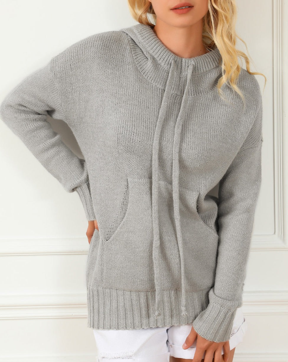Cowl Neck Drawstring Hooded Sweater