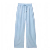 Light Blue Low Rise Cotton Linen Wide Leg Trouser Pants
