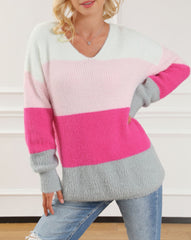 Colorblock Fuzzy V Neck Sweater