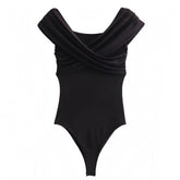 Black Bodycon Draped Ruched Off Shoulder One Piece Bodysuit