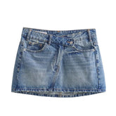 Dark Blue Faded Slim Fit Asymmetric Mid-Rise Vintage Denim Mini Skirt