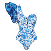 Calista Blue & White Floral Print Ruffle Trim Puff Sleeve One Piece Swimsuit