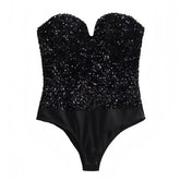 Black Sequined Slim Fit Corset Bodycon Strapless Bodysuit