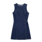 Dark Blue Faded Vintage Bodycon Sleeveless Round-Neck Denim Mini Dress