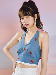 Vintage Cherries Denim Vest ~ HANDMADE