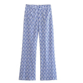 Asos Blue & White Patterned Mid-Rise Flare Pants
