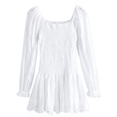 Anastasia White Long Sleeve Eyelet Embroidered Layered Ruffle Smocked Mini Dress