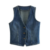 Dark Blue Faded Vintage Slim Fit V-Neck Sleeveless Denim Vest Top