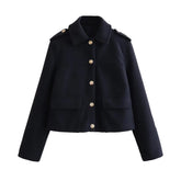 Dark Navy Blue Gold Button Up Cardigan Overcoat