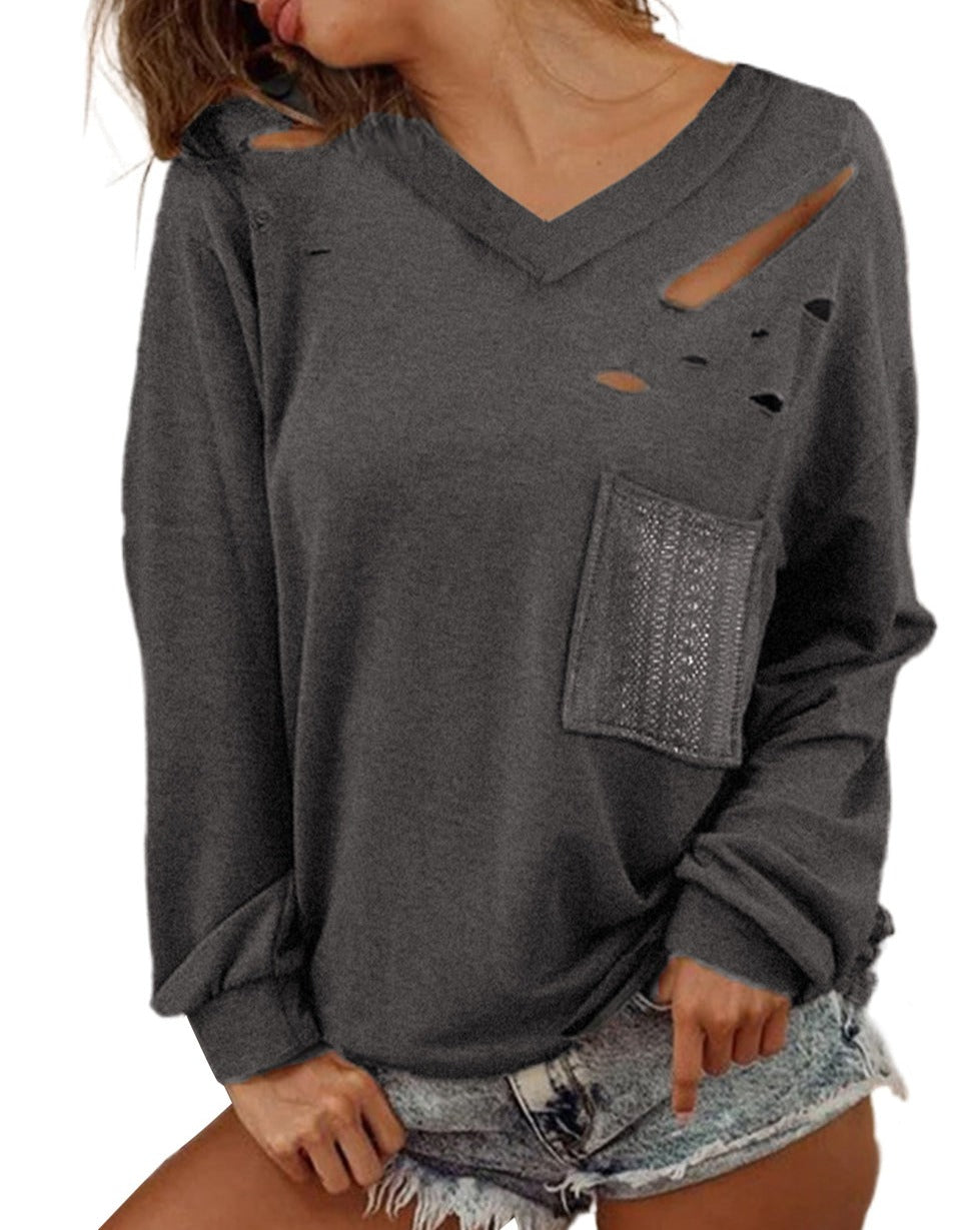 Distressed V-Neck Long Sleeve Top