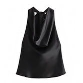 Black Satin Draped Scoop Neck Backless Halter Crop Tank Top