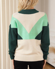 Colorblock Button V Neck Sweater