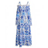 Cassandra Blue Floral Patterned Ruffle Trim Smocked Long Sleeve Maxi Dress