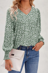 Dotted Shirred Bubble Sleeve Blouse