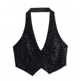 Black Glitter Sequined Slim Fit V-Neck Halter Crop Vest Tank Top