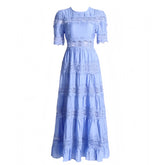 Celeste Light Blue Lace Embroidered Short Sleeve Bodycon Maxi Dress