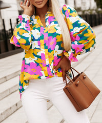 Colorful Floral Smock Long Sleeve Blouse