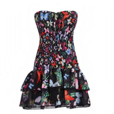 Black Multi-Color Butterfly Floral Layered Ruffle Smocked Halter Mini Dress