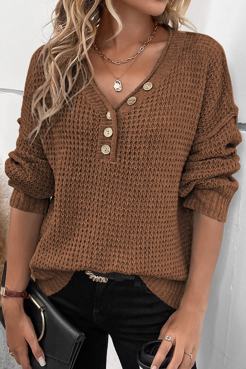 Chunky Waffle Buttoned V-Neck Sweater