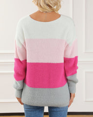 Colorblock Fuzzy V Neck Sweater