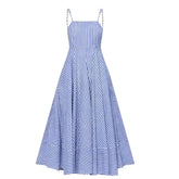 Blue & White Striped Seersucker Spaghetti Strap Drop Waist Linen Maxi Dress
