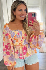 DRAFTED - PLUS SIZE - Pink Plus Size Floral Puff Sleeve Smocked Peplum Top