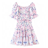 Anabelle Light Pink Floral Print Smocked Layered Ruffle Puff Sleeve Mini Dress