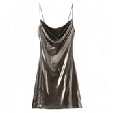Dark Brown Metallic Spaghetti Strap Mini Slip Dress