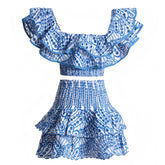 Capri Blue Eyelet Embroidered Layered Ruffle Smocked Off Shoulder Top & Mini Skirt Dress Set