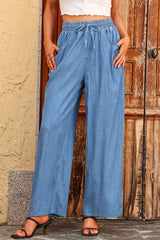 Denim Smocked Waist Wide Leg Pants