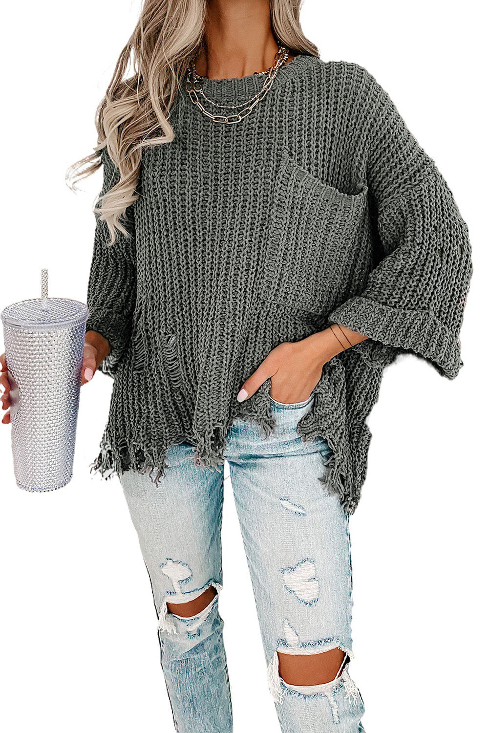 Distressed Pocketed Chunky Pullover Sweater