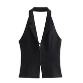 Black Slim Fit Zip-Down Sleeveless V-Neck Backless Vest Tank Top