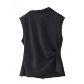 Black Slim Fit Diagonal Collar Sleeveless Asymmetric Ruched Top Blouse