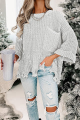 Distressed Pocketed Chunky Pullover Sweater