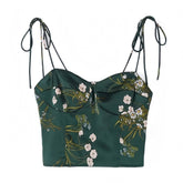 Dark Green Floral Print Satin Spaghetti Strap Corset Tank Top