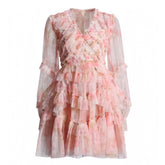 Aster Coral Pink Multi-Color Layered Ruffle Long Sleeve Mini Dress