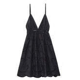 Black Eyelet Embroidered Slim Fit V-Neck Spaghetti Strap Backless Mini Dress