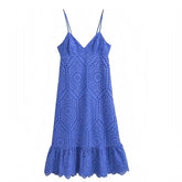 Dark Blue Eyelet Embroidered Bodycon Ruffle Trim Spaghetti Strap Backless Maxi Dress