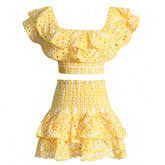 Cannes Yellow Eyelet Embroidered Layered Ruffle Smocked Off Shoulder Top & Mini Skirt Dress Set