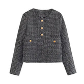 Dark Gray Tweed Gold Button Cropped Overcoat