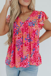 Colorful Leopard Print Flutter Sleeve Top