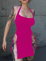 Slit Halter Plain Sleeveless Short Dress