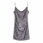 Dark Gray Sequined Glitter Spaghetti Strap Bodycon Mini Dress